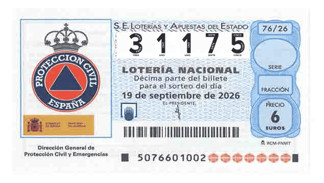 Décimo 31175 del sorteo 76-19/09/2026 Sábado