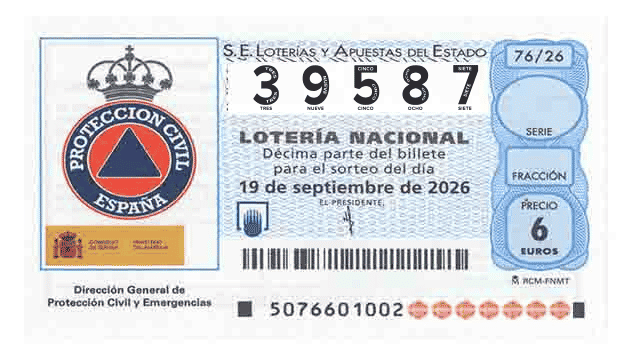 Décimo 39587 del sorteo 76-19/09/2026 Sábado