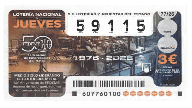 Décimo 59115 del sorteo 77-24/09/2026 Jueves