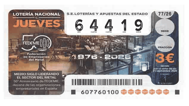 Décimo 64419 del sorteo 77-24/09/2026 Jueves