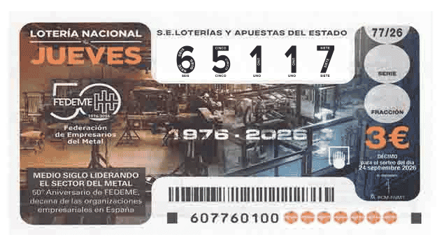 Décimo 65117 del sorteo 77-24/09/2026 Jueves