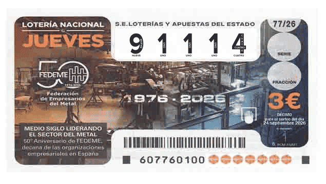 Décimo 91114 del sorteo 77-24/09/2026 Jueves