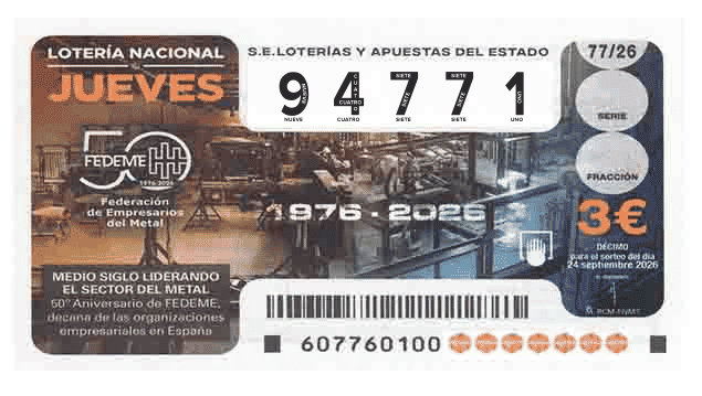 Décimo 94771 del sorteo 77-24/09/2026 Jueves