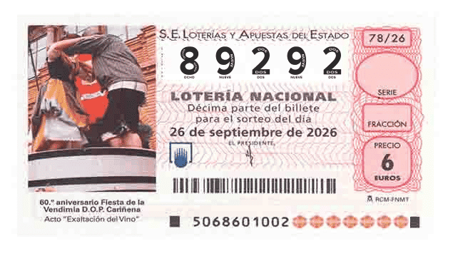 Décimo 89292 del sorteo 78-26/09/2026 Sábado