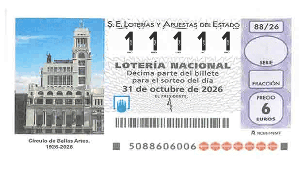 Décimo 11111 del sorteo 88-31/10/2026 Sábado
