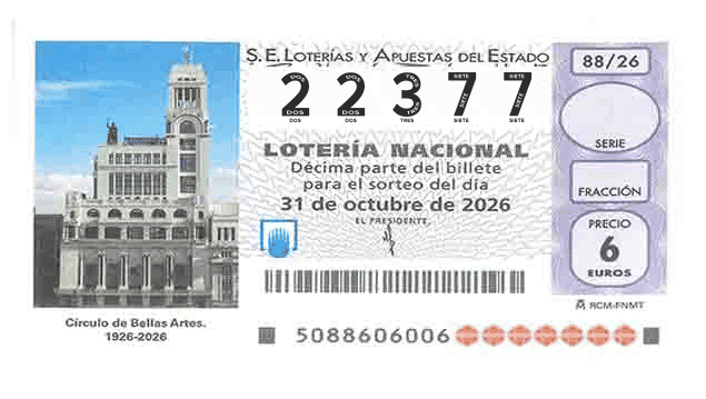 Décimo 22377 del sorteo 88-31/10/2026 Sábado