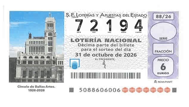 Décimo 72194 del sorteo 88-31/10/2026 Sábado
